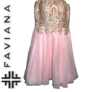 Faviana Glamour Strapless Chiffon Corset Dress With Gold Beaded Bodice